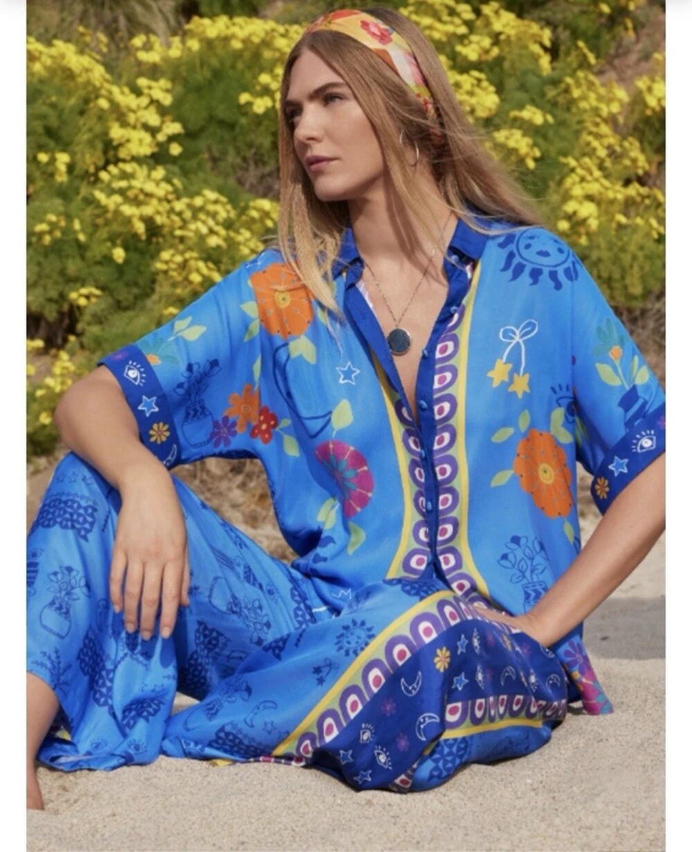 Johnny Was Fernanda Button Down Shirt Blue Niccola print Silk L